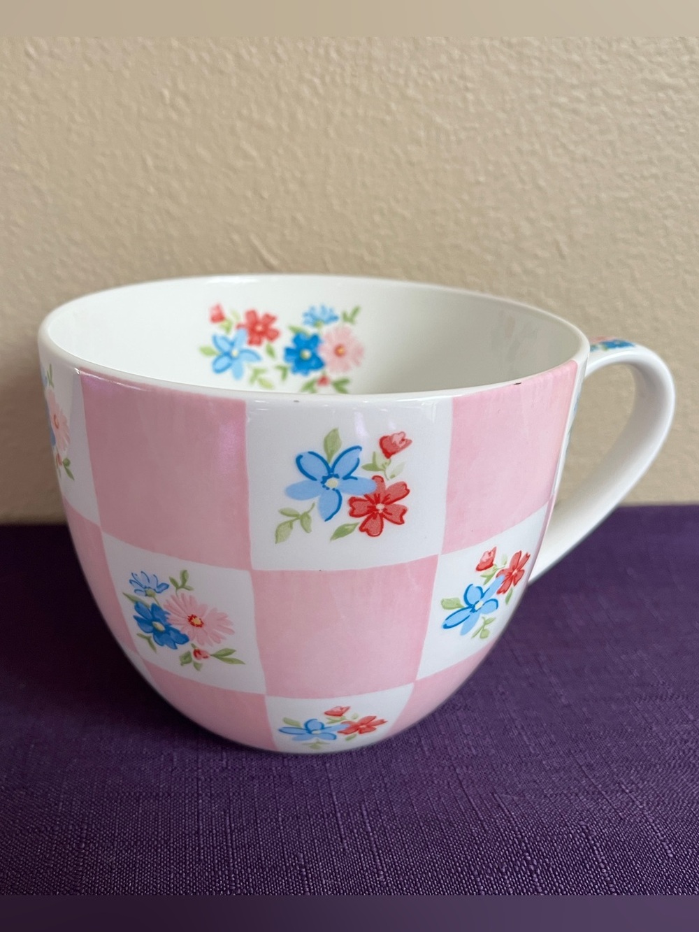 BLUEBIRD AND WILLOW FLOWER CHINTZ IN PINK GINGHAM Bone China Jumbo Cup England
